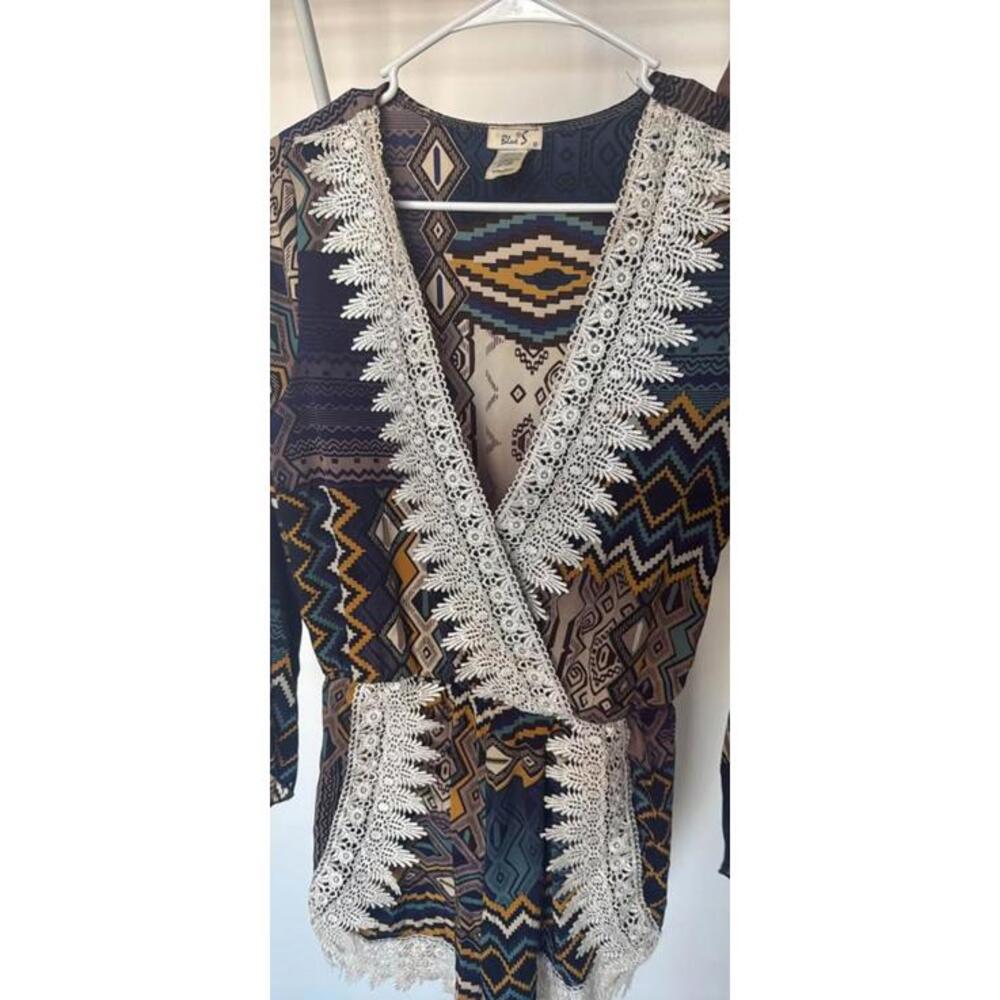 Blue S Geometric Tribal Print Lace Trim Romper Medium vintage - Picture 4 of 4